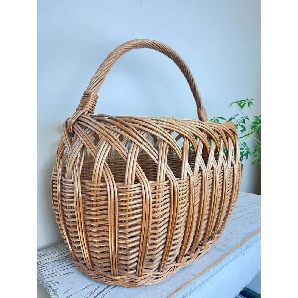 Vintage Polish Willow Wicker Woven High Arch Gathering Basket 20” x 16” Country
